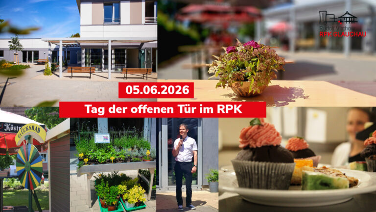 Bildcollage zum Tag der offenen Tür am 05.06.2026 im Rudolf Virchow RPK Glauchau. Zu sehen sind Außenansichten der Einrichtung, ein Blumenarrangement, ein Glücksrad, Kräuterpflanzen, ein Redner mit Mikrofon sowie eine Auswahl an Cupcakes und Kuchen.